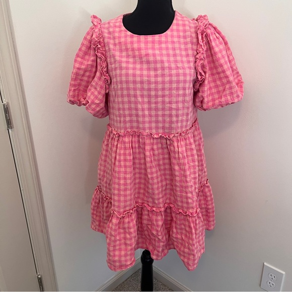 Entro Pink Gingham Tiered Babydoll Dress Sz M puff sleeves ruffle trim - Picture 1 of 7